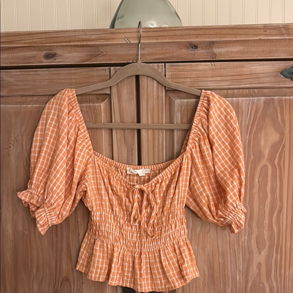 ASTR the label Orange Gingham cropped blouse puff sleeve XS EUC